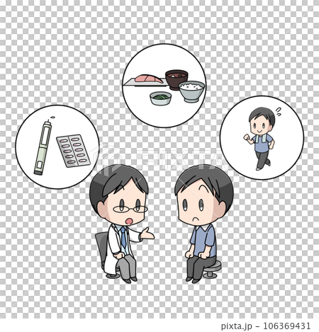 糖尿病の治療方法を医者から聞く男性のイラスト 106369431