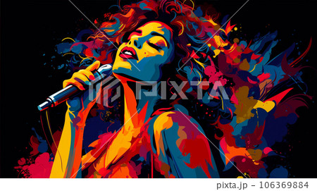 マイクに歌う女性歌手のイラスト Female vocalist singing AI生成画像 106369884