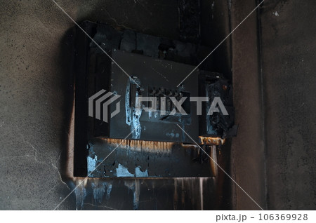 switchboard electricty burn on brick wall texture background 106369928