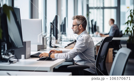 日中オフィスで頑張って働く男性 man working hard in office AI生成画像 106370671