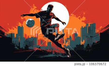 街の中でサッカーボールを蹴る若者のグラフィック Young man & soccer