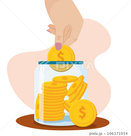 Hand putting a coin on a saving jar Finance icon Vector 106371054