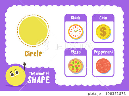Learning circle shape sheet with object cards, illustration cartoon vector design on white background. kid and study game concept. Learning circle shape sheet with object cards, illustration cartoon vector design on white background. kid and study game concept. 106371878