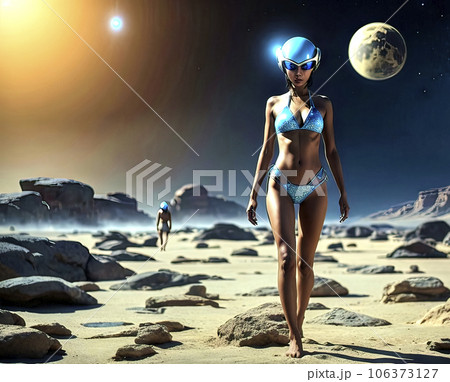 Young alien woman in a bikini with a strange Stock