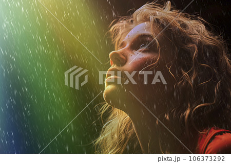 Young woman with curly hair looks expectantly...のイラスト素材 [106373292] - PIXTA