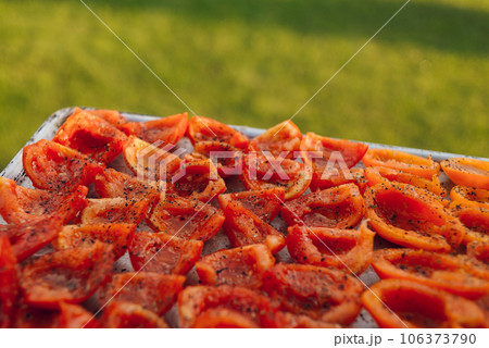Sun-dried tomatoes on a baking tray. Fresh tomatoes sprinkled with aromatic seasonings. High quality photo 106373790
