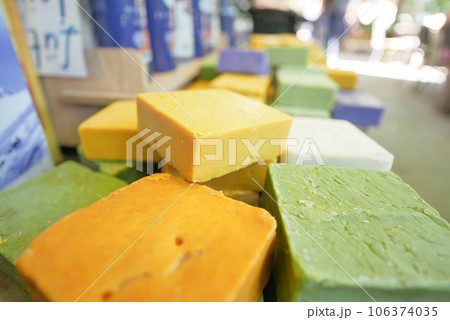 colorful natural soap bar in a bowl  106374035