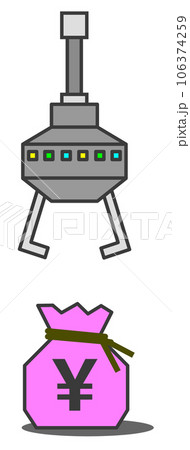 クレーンで景品の現金を持上げて獲得するゲームのイラスト クレーンで景品の現金を持上げて獲得するゲームのイラスト 106374259