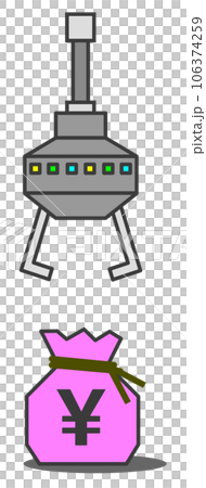 クレーンで景品の現金を持上げて獲得するゲームのイラスト クレーンで景品の現金を持上げて獲得するゲームのイラスト 106374259