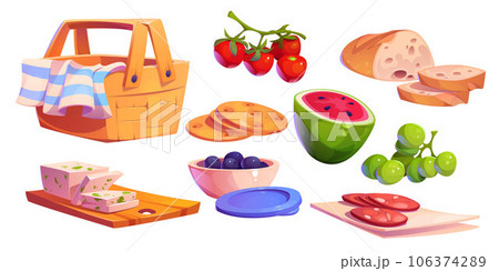Picnic basket with blanket for park party cartoon 106374289