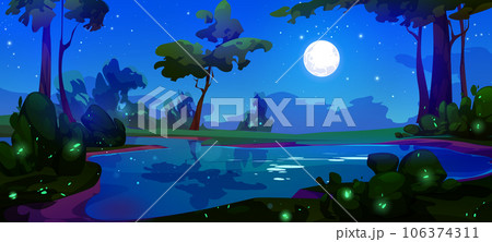 Moon in night sky above forest lake background 106374311