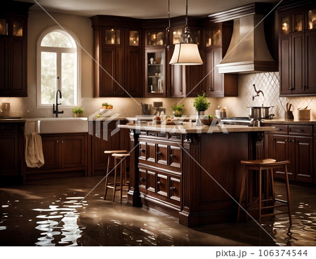 child and flooding in the kitchrn interior. 106374544