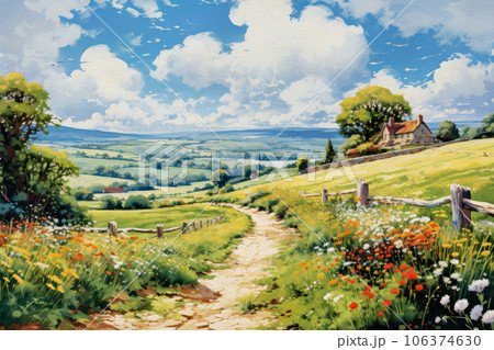 イギリスの長閑な田舎の風景のイラスト素材 [106374630] - PIXTA