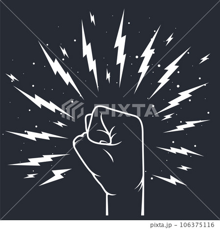 Fist hand up with thunder lightning bolts around, power gesture, vector Fist hand up with thunder lightning bolts around, power gesture, vector 106375116