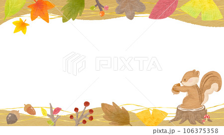 和風な秋の植物とリスの背景フレーム、質感のある色鉛筆・クレヨンの手描きイラスト 和風な秋の植物とリスの背景フレーム、質感のある色鉛筆・クレヨンの手描きイラスト 106375358