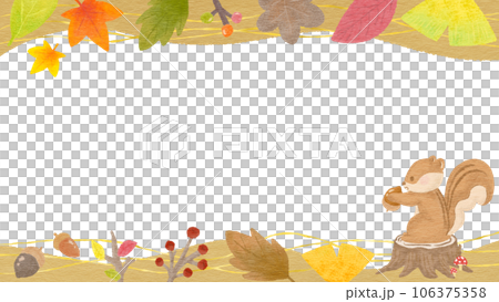 Japanese style autumn plants and squirrel background frame, textured colored pencil/crayon hand-drawn illustration 106375358