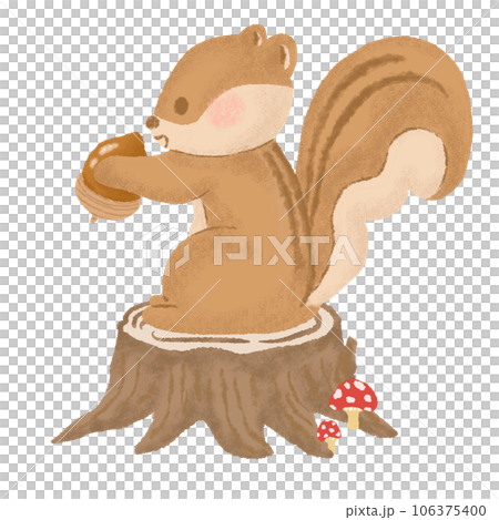 Cute chipmunk holding an acorn on a stump, textured colored pencil and crayon hand-drawn illustration 106375400