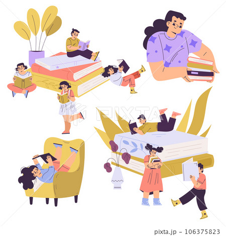 Children with Books Reading Interested with Story Vector Set 106375823