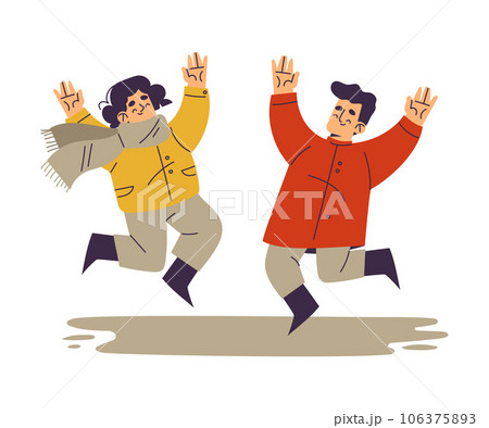 Little Girl and Boy in Fall Season Jump in Puddle Enjoy Outdoor Activity Vector Illustration 106375893