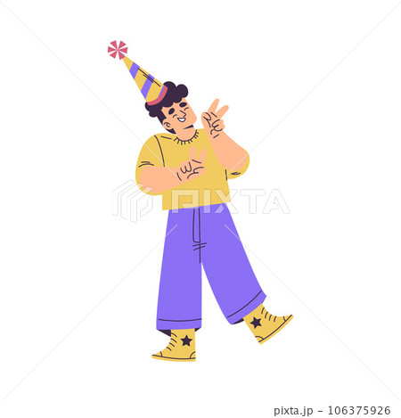 Cute Boy at Happy Birthday Party in Cone Hat Celebrating Holiday Vector Illustration Cute Boy at Happy Birthday Party in Cone Hat Celebrating Holiday Vector Illustration 106375926