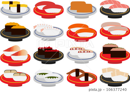 色々なお皿にのったお寿司のイラストセット 106377240