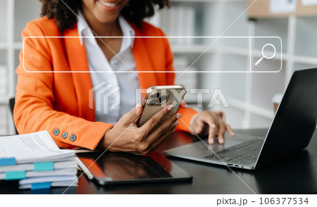 Searching Browsing Internet Data Information Networking Concept with blank search bar.man working with mobile phone and laptop computer VR icon . Searching Browsing Internet Data Information Networking Concept with blank search bar.man working with mobile phone and laptop computer VR icon . 106377534