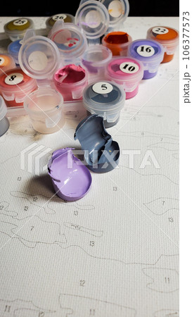 set for painting with acrylic paints on canvas as a creative hobby. set for painting with acrylic paints on canvas as a creative hobby. 106377573