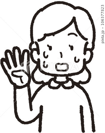 右手で4本指をして汗を出して慌てている女性の上半身線画イラスト 106377823