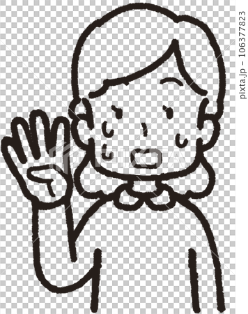 右手で4本指をして汗を出して慌てている女性の上半身線画イラスト 106377823