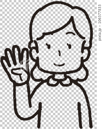 右手で4本指をして笑う女性の上半身線画イラスト 106377833
