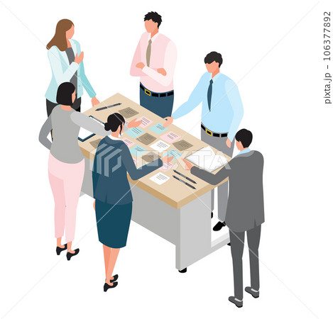 アイソメトリック_付箋を使ったブレインストーミングをする人々 106377892