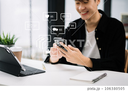 Social media and Marketing virtual icons screen concept. close up of businesswoman typing keyboard tablet with laptop computer and smart phone. Social media and Marketing virtual icons screen concept. close up of businesswoman typing keyboard tablet with laptop computer and smart phone. 106380505