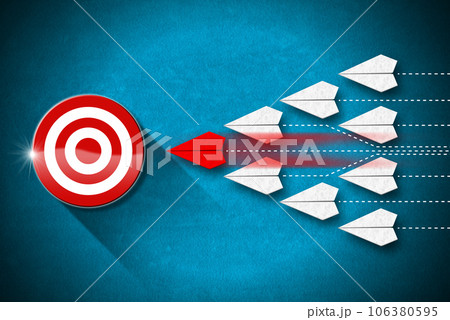 Red and White Airplanes Fly to a Target on a Blue Background 106380595