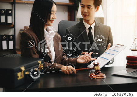 business people and lawyers discussing contract papers sitting at the table. Concepts of law, advice, legal services. 106380965