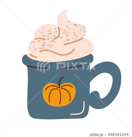 Pumpkin spice latte, coffee mug icon, vector illustration of autumn hot drink, thanksgiving and halloween beverage, doodle for cafe menu, isolated colored clipart on white background Pumpkin spice latte, coffee mug icon, vector illustration of autumn hot drink, thanksgiving and halloween beverage, doodle for cafe menu, isolated colored clipart on white background 106381034