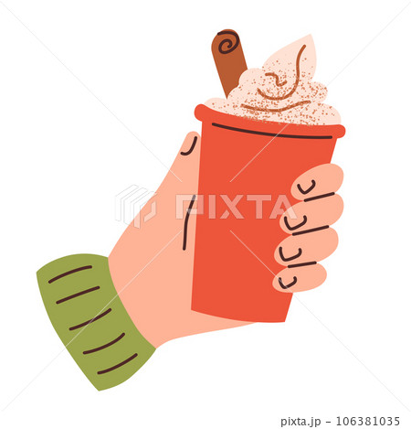 Hand holding cup of coffee, autumn cozy drink, cinnamon latte icon, vector doodle illustration of paper disposable cup with milk cream, coffee to go, isolated colored clipart on white background Hand holding cup of coffee, autumn cozy drink, cinnamon latte icon, vector doodle illustration of paper disposable cup with milk cream, coffee to go, isolated colored clipart on white background 106381035