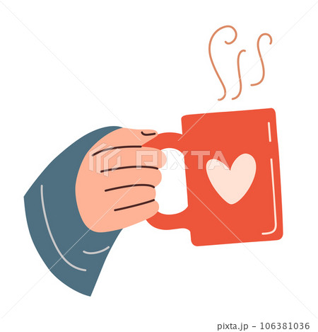 Hand holding mug with coffee, tasty latte icon, vector doodle illustration of cozy autumn drinks, cup of cappuccino or chocolate, cold weather beverage, isolated colored clipart on white background Hand holding mug with coffee, tasty latte icon, vector doodle illustration of cozy autumn drinks, cup of cappuccino or chocolate, cold weather beverage, isolated colored clipart on white background 106381036