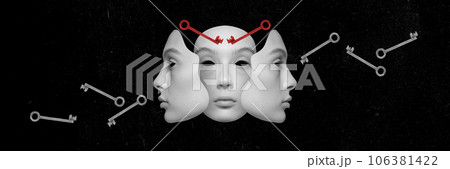 Young woman with many splitting faces. Black and white image. Inner self witch. Contemporary art collage. Young woman with many splitting faces. Black and white image. Inner self witch. Contemporary art collage. 106381422