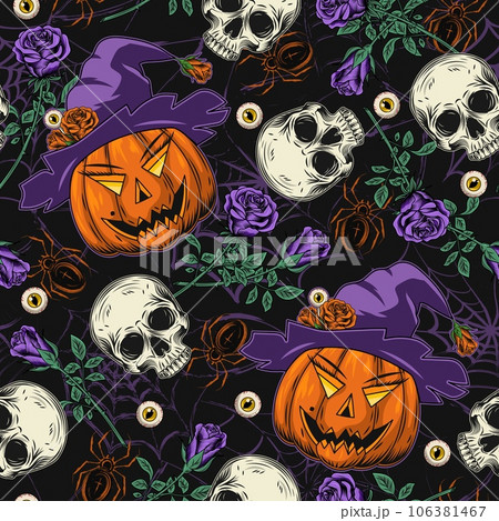 Pattern with skulls, pumpkin head like witch in purple hat, purple roses, eyeballs, spiders. Grunge silhouette of spider web behind. Holiday illustration on dark background. Vintage style. 106381467