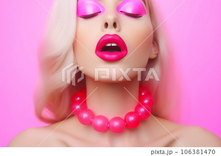 Emotion pink wig woman. Wide open mouth. Pink lips makeup 106381470