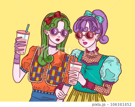 飲み物を持った女の子　友達　双子　黄色背景 106381852