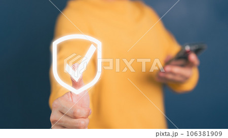 Customer is pressing identity proofing icon for security protection systems on virtual screen. Quality assurance of business services. Certified guarantee approval or secure access system concept. 106381909