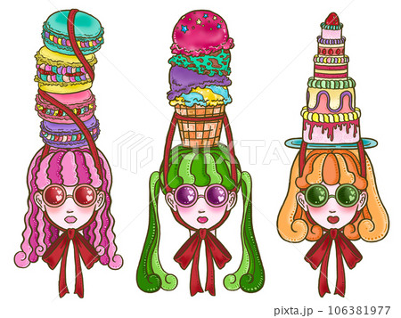 帽子をかぶった3人の女の子　白背景　マカロン　アイス　ケーキ 106381977