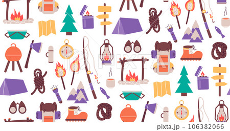 Seamless pattern with things for traveling to the mountains. Fishing and summer camping. Hike with backpacks, rest in the forest. print object stuff design wallpaper. background vector illustration. Seamless pattern with things for traveling to the mountains. Fishing and summer camping. Hike with backpacks, rest in the forest. print object stuff design wallpaper. background vector illustration. 106382066