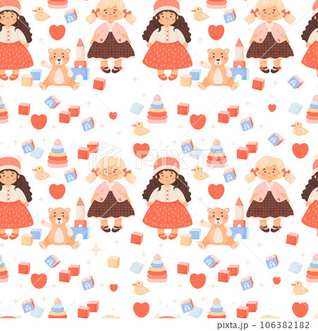 Cute kids seamless pattern. Pretty girl doll with children toys, plush teddy bear, cubes and duck on white background. Vector illustration in cartoon style. kids collection. 106382182