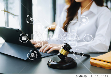AML Anti Money Laundering Financial Bank Business Concept. judge in a courtroom using laptop and tablet with AML anti money laundering icon on virtual  screen. . 106382234