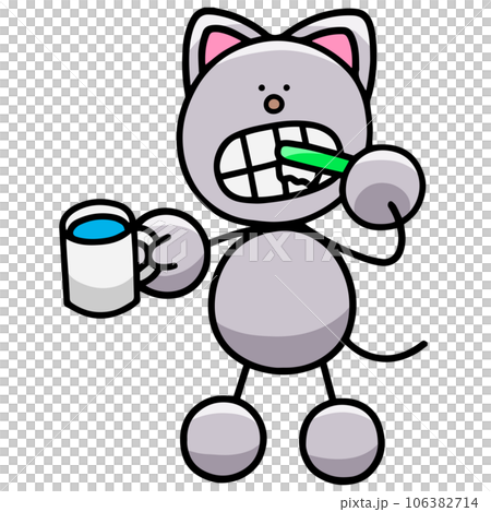 Illustration of Nyanmaru brushing his teeth (left/right flipped version) Cat 106382714