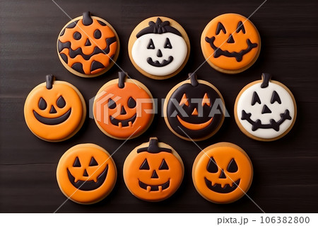 Home baking Halloween cookies for party, cute and delicious homemade iced biscuits on dark background, top view. Generative AI Home baking Halloween cookies for party, cute and delicious homemade iced biscuits on dark background, top view. Generative AI 106382800