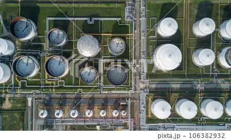 Aerial view liquid chemical tank terminal, Storage of liquid chemical and petrochemical products tank, Oil and gas storage tanks at industrial oil refinery. 106382932