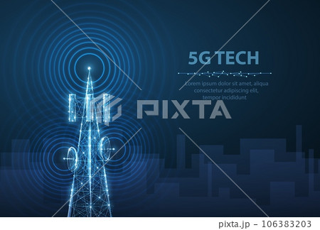 Abstract antenna mast on blue cityscape background. 106383203